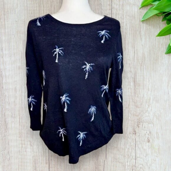 CHICOS Navy Blue Palm Tree Lightweight Crew Knit Pullover Spring Summer Sweater - Picture 1 of 5